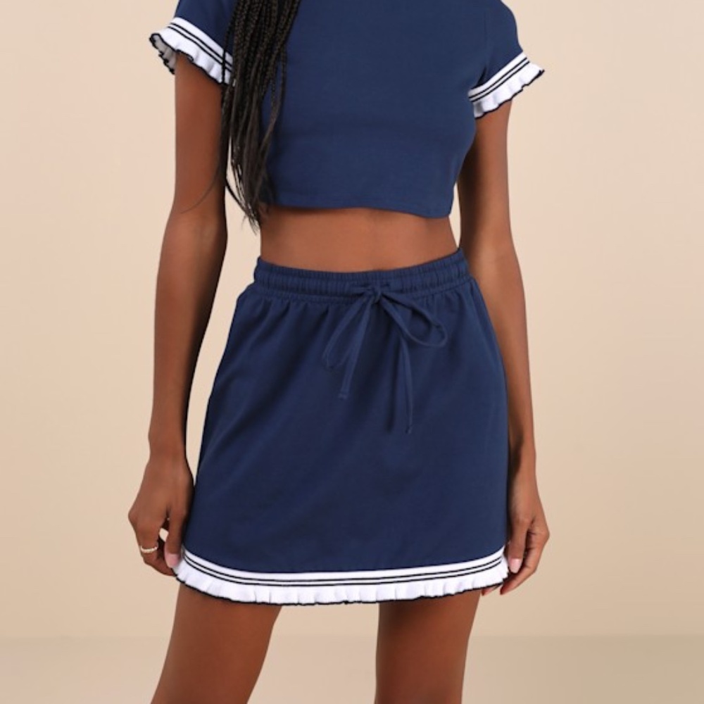 Sweet Score Navy Blue Ruffled Drawstring High-rise Mini Skirt